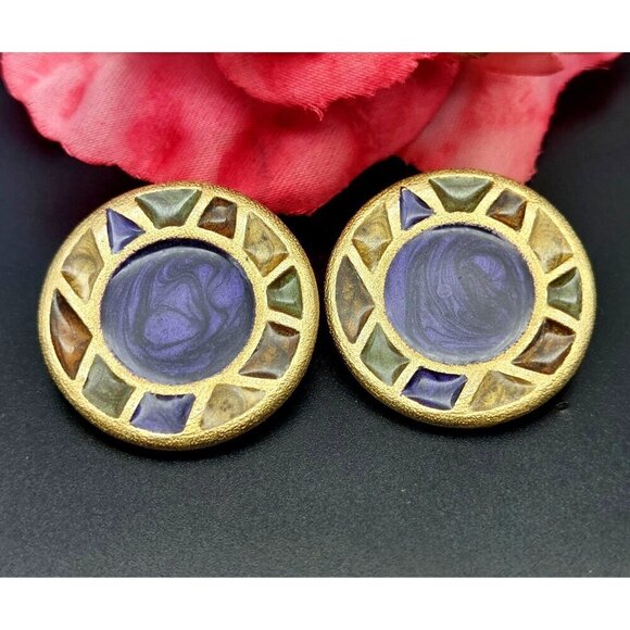 Vintage Xeja Brushed Gold Tone & Enamel Round Clip On Earrings 90's Signed 1.25" - Picture 2 of 7